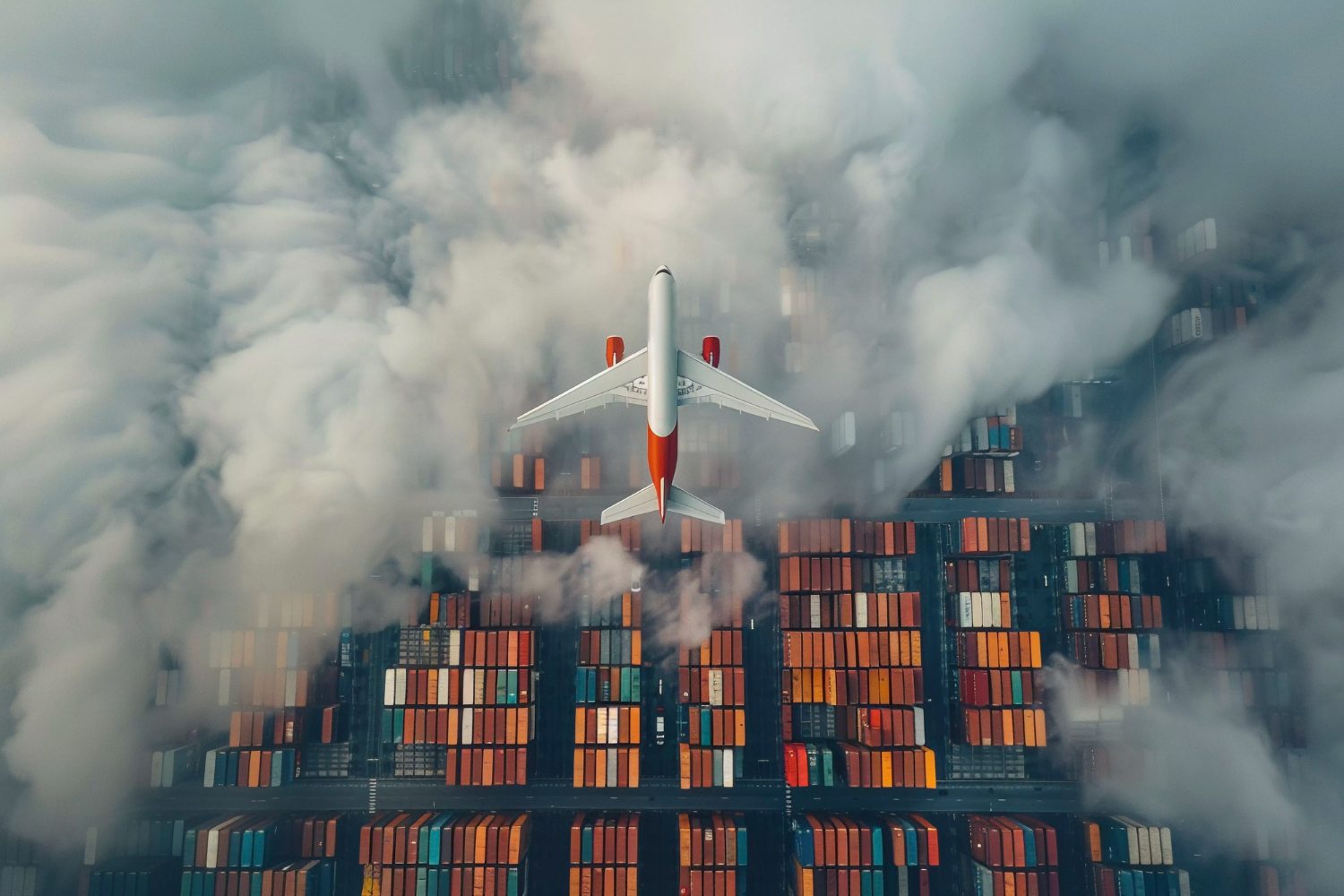 Cargo aircraft soaring above container yard